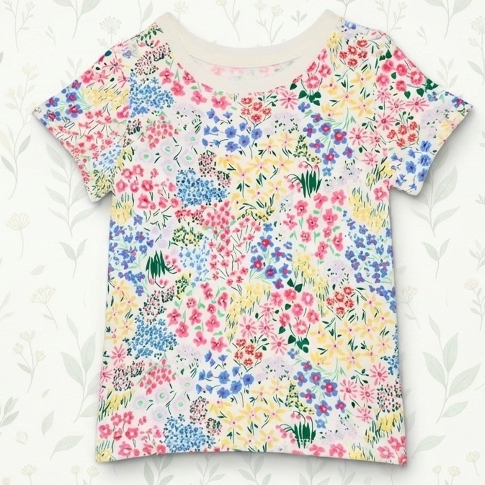 NWT Girls 4T Ivory Floral Flowers Cotton T-Shirt Short Sleeve Crewneck Summer